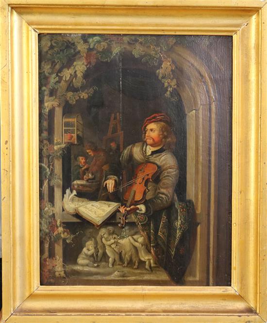 Van Jol Violinist in an archway, an artist beyond 13.5 x 10.5in.